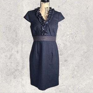 Sandra Darren Black Ruffle V-Neck Midi Dress